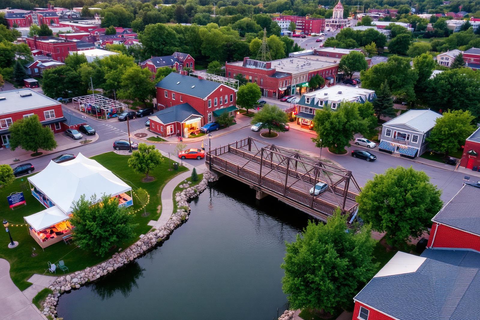 Aerial view of downtown Brighton, Michigan mill pond and festival tents at golden hour