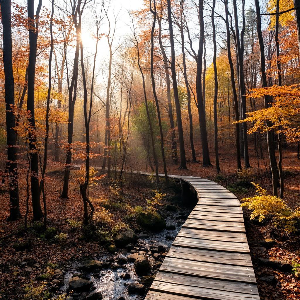Wooden boardwalk through a Michigan hardwood forest in autumn